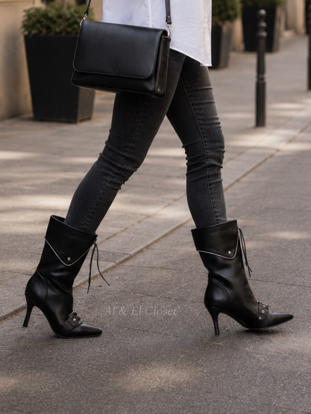 A New Day Black Buckle Pointed-Toe Stiletto Ankle Boots | Vegan | 7 New With Box